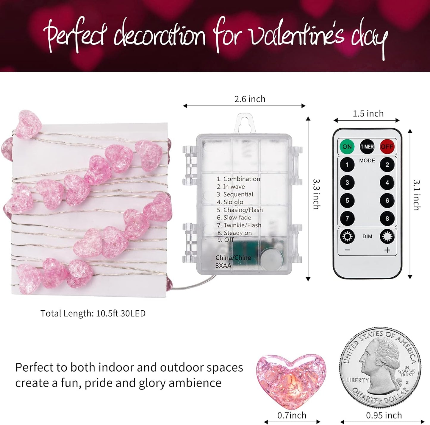Pink Heart Fairy Lights - 10.5 FT 30 LED, Battery Operated with Remote