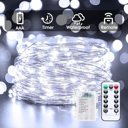 33FT 100LED Pure White Fairy Lights - Battery Operated, Waterproof, Remote Control