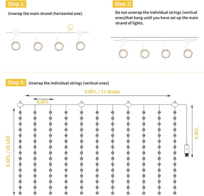 Curtain String Lights - 198 LED Fairy Lights with Remote, USB, 8 Modes