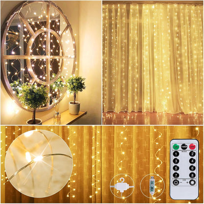 Curtain String Lights - 198 LED Fairy Lights with Remote, USB, 8 Modes