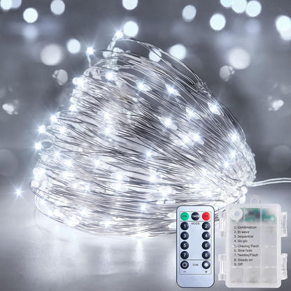 33FT 100LED Pure White Fairy Lights - Battery Operated, Waterproof, Remote Control