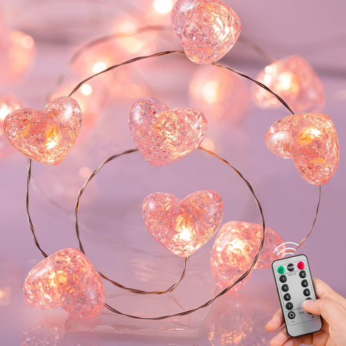 Pink Heart Fairy Lights - 10.5 FT 30 LED, Battery Operated with Remote