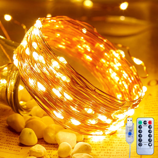 33ft USB Fairy Lights - Copper Wire, 100 LED, Remote Control