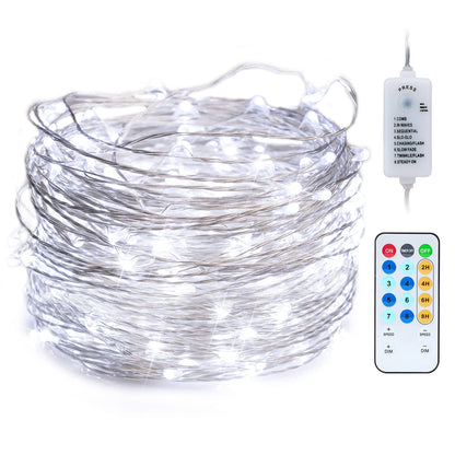 Silver Fairy Lights with Remote, USB/Adapter Powered, 8 Modes