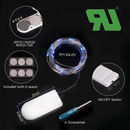 Silver Fairy Lights, CR2032 Battery Operated, 7 Feet 20 LED