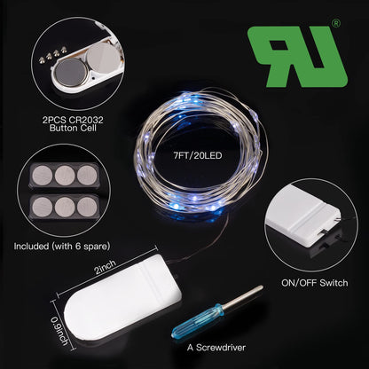 Silver Fairy Lights, CR2032 Battery Operated, 7 Feet 20 LED