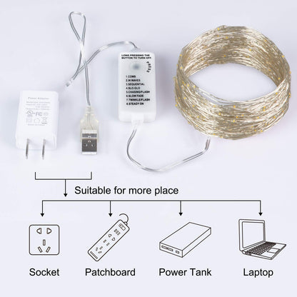 Silver Fairy Lights with Remote, USB/Adapter Powered, 8 Modes