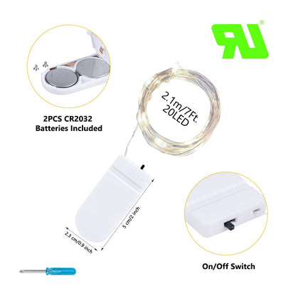 Silver Fairy Lights, CR2032 Battery Operated, 7 Feet 20 LED