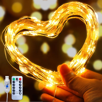 33ft USB Fairy Lights - Copper Wire, 100 LED, Remote Control